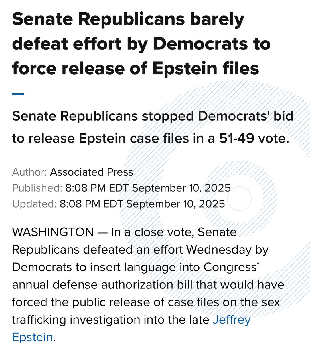 While the murder of Charlie Kirk took over news media coverage, the Republican Senators voted to BLOCK the release of the Epstein files👇👇