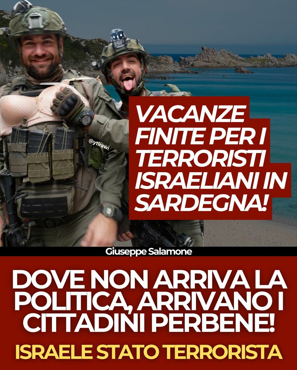 La Sardegna non è per tutti, tantomeno per questi criminali sionisti assassini di bambini. 
<a href="/alessandratodde/">alessandra</a> grazie 
#Sardegna 
#Gaza 
#IsraeleStatoNazista