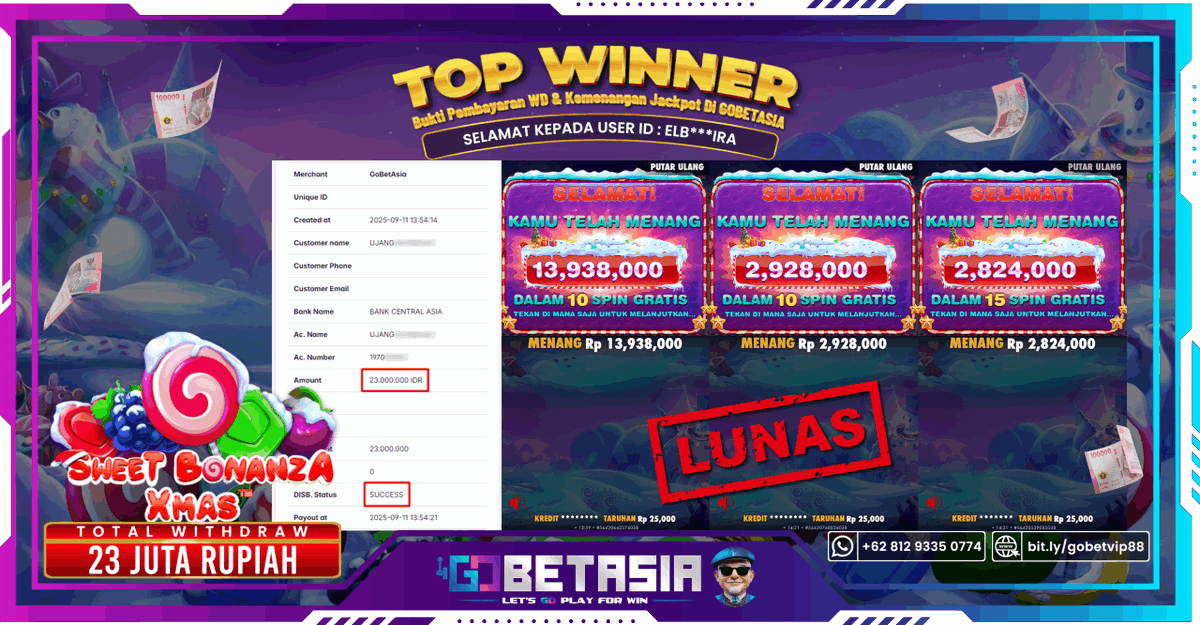 buktijpgobet's tweet photo. Jackpot Winner Sweet Bonanza Xmas Gobetasia : Rp 23 Juta Lunas ! -  https://t.co/Rw7Z2sGMHs https://t.co/1KJyYZ1UKV