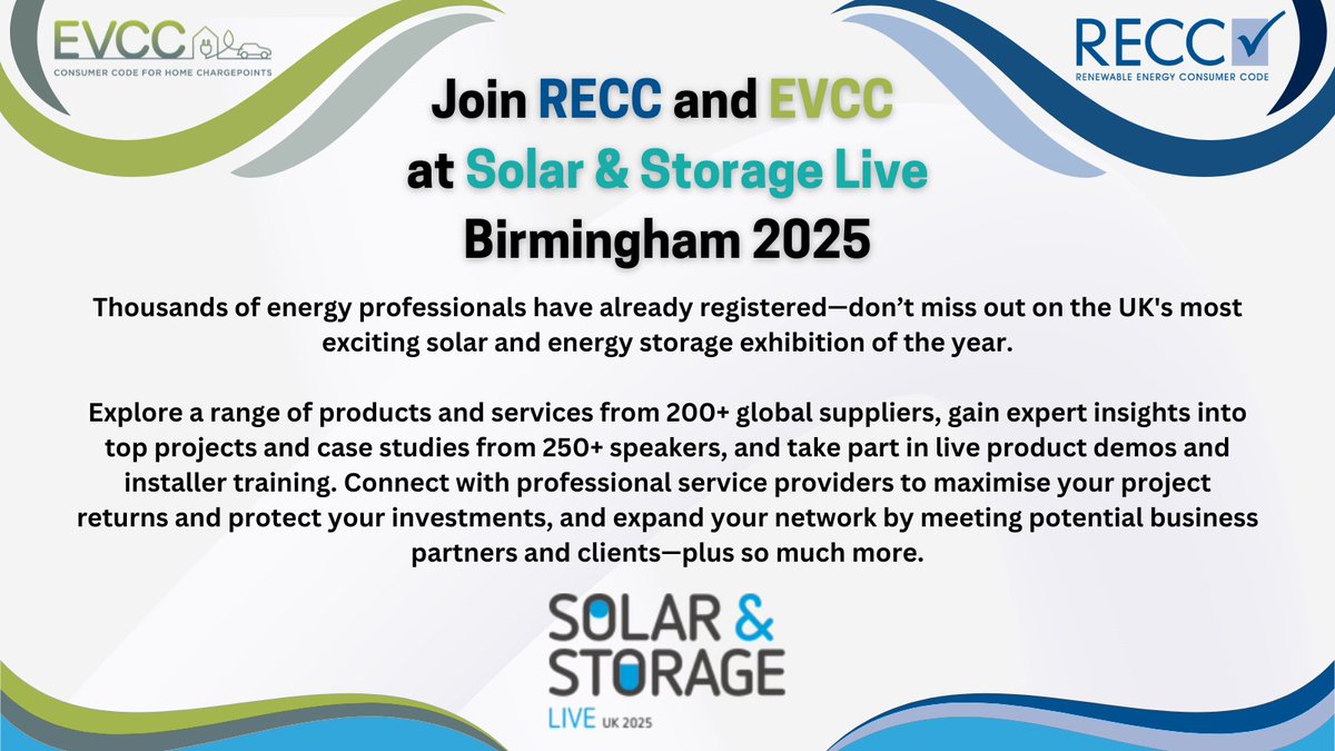 RECC_Info's tweet image. Just under 2 weeks!!

🚨Join RECC and EVCC at Solar &amp;amp; Storage Live Birmingham 2025 on 23-25 September at NEC Birmingham  

📷 Register for your free ticket today!  terrapinn.com/exhibition/sol… 

#RECC #EVCC #EVInstallers #RenewableEnergy #consumerProtection