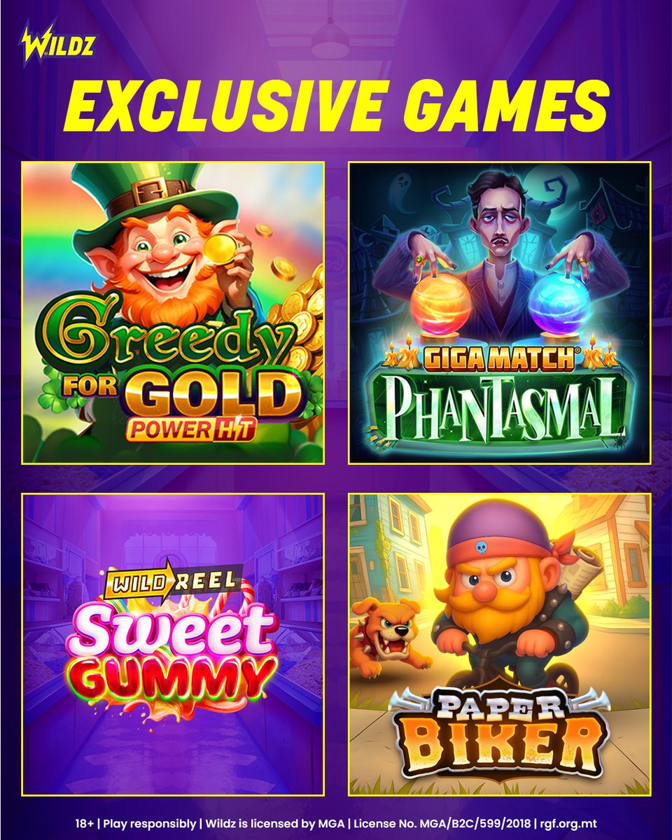 New Games Released 🕹️

- Greedy for Gold Power Hit
- Giga Match Phantasmal
- Sweet Gummy
- Paper Biker

.
.
.
.
.

T&amp;Cs Apply | 18+ | Please Gamble Responsibly | Wildz is fully licensed by The Malta Gaming Authority MGA/B2C/599/2018 | gamblingtherapy.org

#newgames #newslots