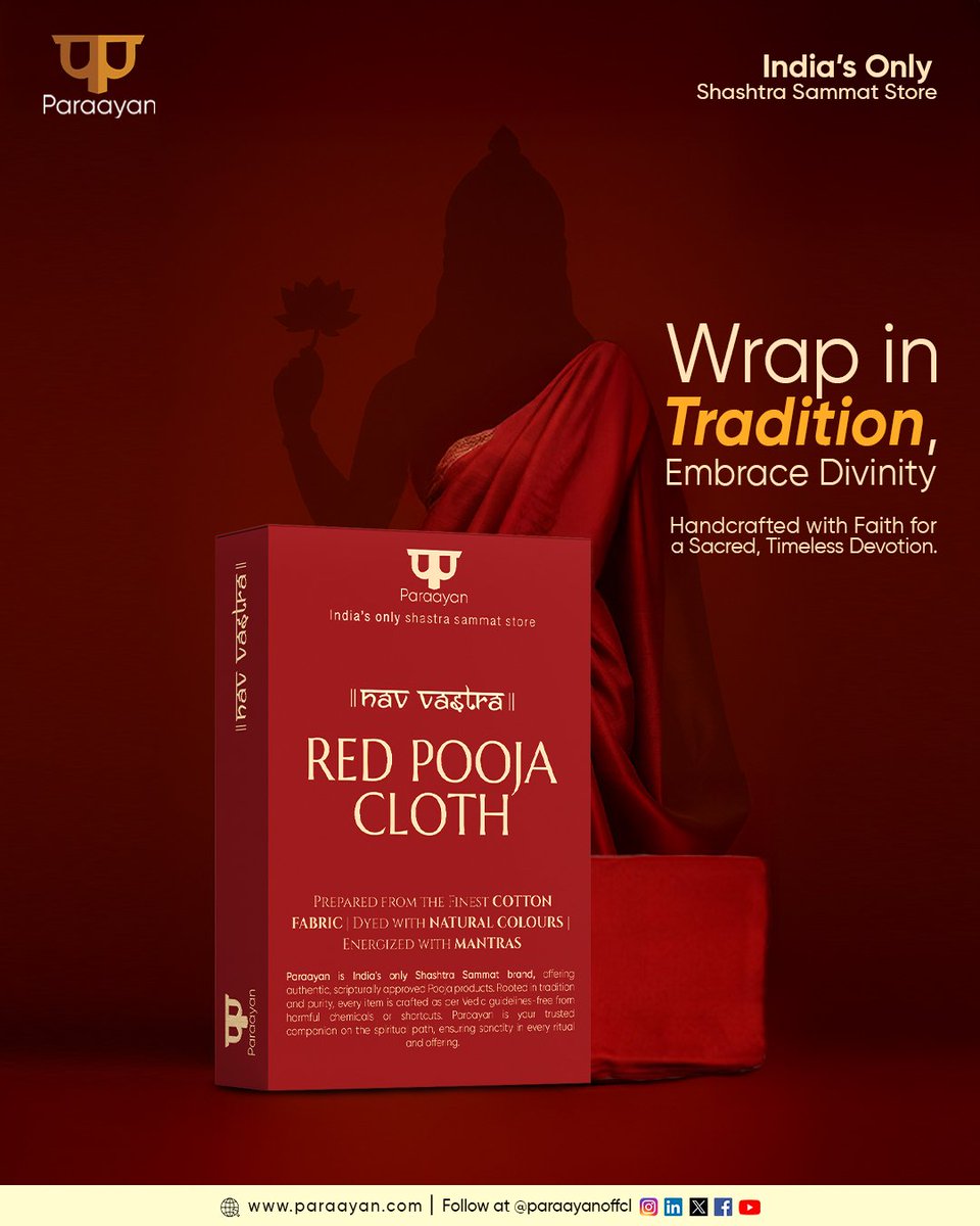 Embrace your devotion with Paraayan’s Red Pooja Cloth. Crafted from fine cotton, dyed naturally, and energized with sacred mantras, it brings sanctity and tradition to every ritual. Handcrafted and Shastra Sammat, it’s a timeless companion for your prayers and divine connection