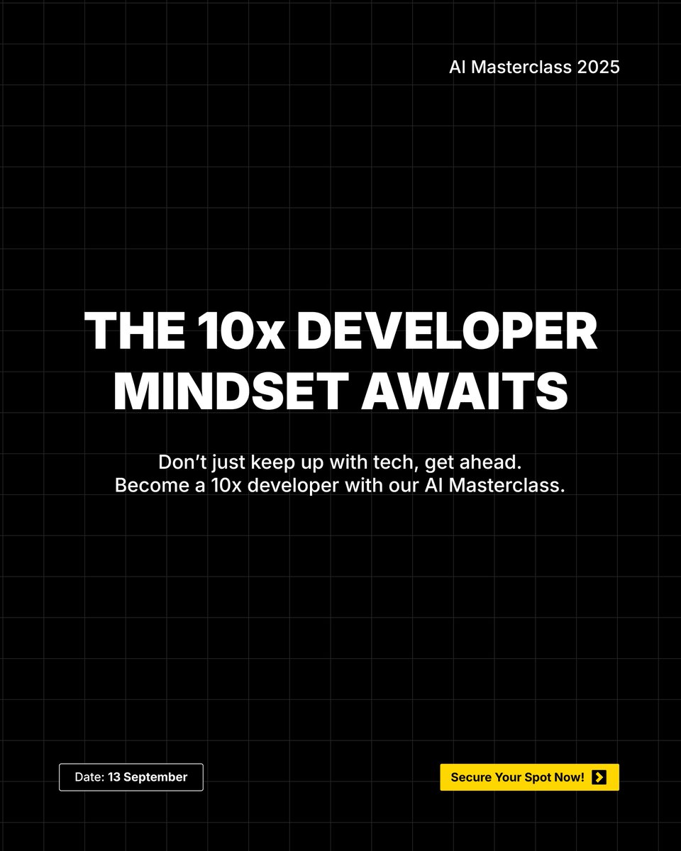 zaiotech's tweet image. The devs who stand out in 2025 aren’t just coding, they’re leveraging AI to multiply impact. ⚡
Join Zaio’s AI Masterclass on 13 Sept and learn how to think, build, and work like a 10x developer.
👉 Register now: quicket.co.za/events/332468-…
#10xDeveloper #AIForDevs #ZaioInstitute…