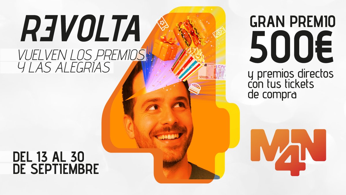 🎉 ¡La Revolta llega a MN4!
Del 13 al 30/09, tu vuelta tiene premio 🎁

✅ Solicita tu tarjeta en info
🛍️ Presenta 4 tickets (+10€)
🎯 Gana premios directos y participa por 500€ para gastar en MN4.

📍 Más info: mn4.com/noticias/prepa…

#LaRevoltaMN4 #MN4 #VueltaConPremio
