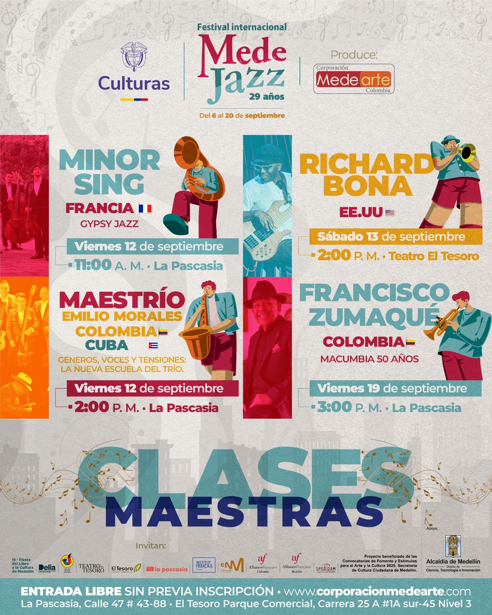 📚🎹 Llegó el #MedeJazz2025 con su programación académica, no te pierdas de este espacio donde virtuosos de la música compartirán su conocimiento 📚🎹
TE ESPERAMOS 

<a href="/AlcaldiadeMed/">Alcaldía de Medellín</a> <a href="/mincultura/">MinCultura Colombia</a> <a href="/FiestaLibro/">Fiesta del Libro</a> <a href="/UniversidadUNAD/">Universidad UNAD</a> <a href="/latinastereo/">Latina Stereo🌴</a> <a href="/salsaconestilo/">SalsaConEstilo.com</a>