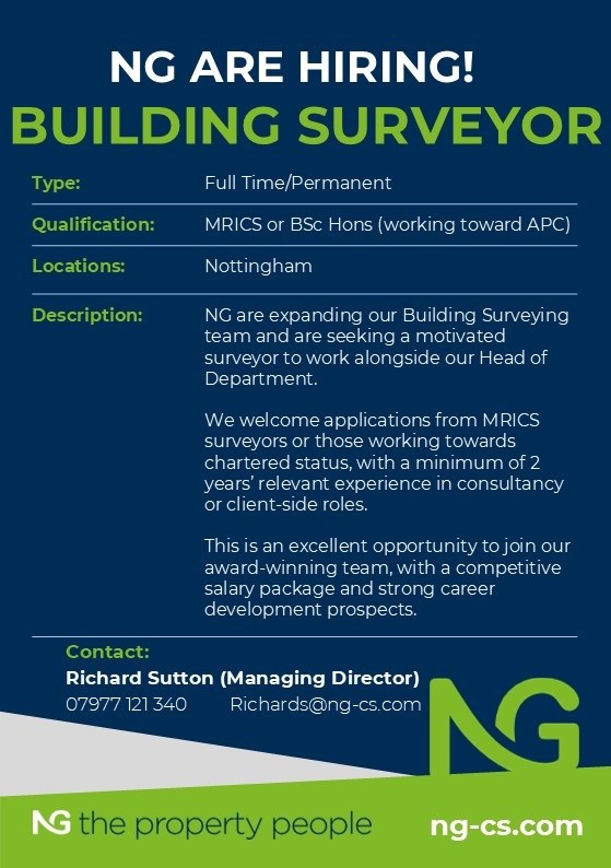 🚨 We’re Hiring! 🚨
NG are expanding + looking for a Building Surveyor to join our Nottingham HQ.
✅ Work on exciting projects
✅ Grow your career with #TeamNG
✅ Competitive package + progression
📩 Contact Richard Sutton: richards@ng-cs.com | 07977 121 340
#WeAreHiring