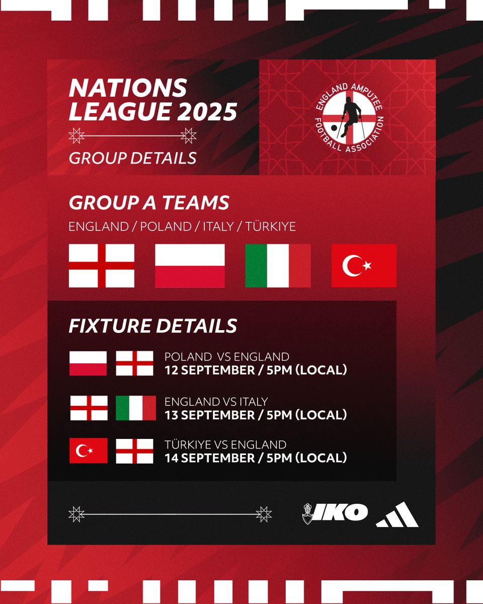 🏆 𝐃𝐢𝐯𝐢𝐬𝐢𝐨𝐧 𝐀 𝐅𝐢𝐱𝐭𝐮𝐫𝐞𝐬 🏆

🏴󠁧󠁢󠁥󠁮󠁧󠁿 England face Poland, Italy and hosts Türkiye in the EAFF Nations League, starting tomorrow!

All our fixtures kick-off at 15:00 BST and are streamed live on the EAFF YouTube 🎥

We can’t wait to get started!

#EAFAFamily | @IKOplc