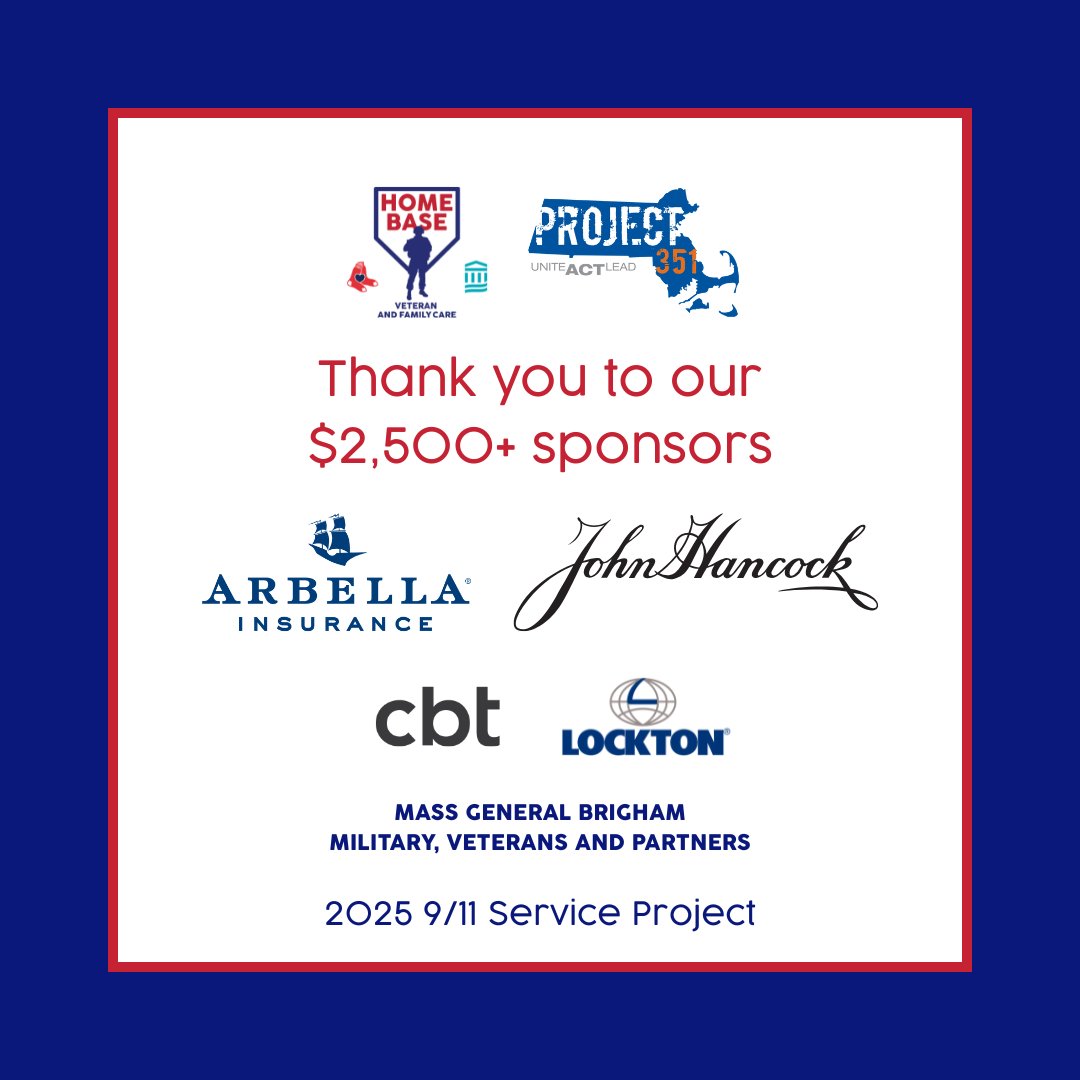 homebaseprogram's tweet image. Home Base extends our appreciation to the following $2,500+ sponsors of today&apos;s 9/11 Service Project to support our Troops and Military Families:

💙 @ArbellaIns
💙 @johnhancockusa
💙 @CBTarchitects
💙 @Lockton
💙 @MassGenBrigham Military, Veterans and Partners

@TeamProject351