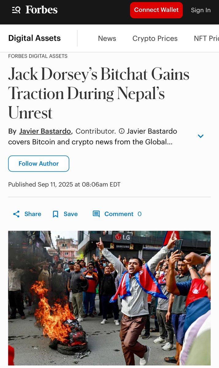 🇳🇵🗣️ Open-source wins!

After being blocked from social media and facing a possible Internet blackout, Nepalis turned to <a href="/jack/">jack</a>’s Bitchat, with over 48k downloads in one day.

I spoke with <a href="/callebtc/">calle</a> (developer of the Android version) to understand this.

My latest for <a href="/Forbes/">Forbes</a>