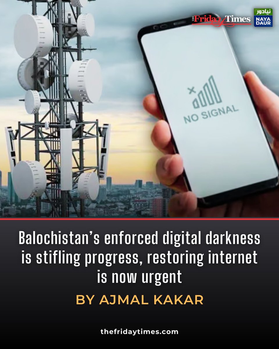 TFT_'s tweet image. Prolonged mobile internet suspension in Balochistan undermines human development, stifling opportunities and fuelling resentment among youth.
By Ajmal Kakar

Read more: thefridaytimes.com/11-Sep-2025/br…

#Pakistan #digitaldivide #Balochistan #internetshutdown #HumanRights #digitalrights