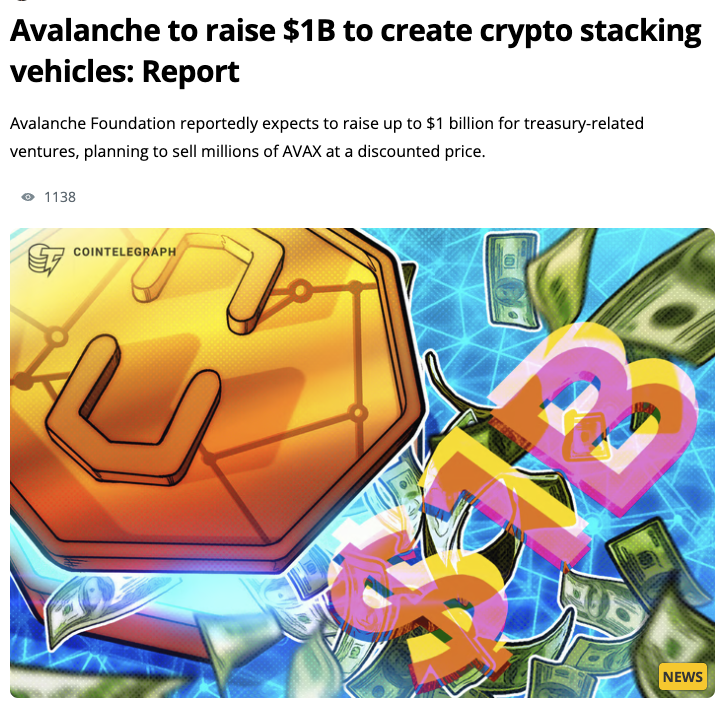 Growth is in hyper-acceleration mode on @AVAX:

🔺 New daily ATH with over 23 million txs
🔺 +139% (30 day) growth for RWAs to $450 million
🔺 +41% (30 day) growth for stablecoins to $2.3 billion
🔺 <a href="/AvalancheFDN/">Avalanche Foundation 🔺</a> to raise $1 billion DAT, led by <a href="/HivemindCap/">Hivemind</a> 

Good Bridging