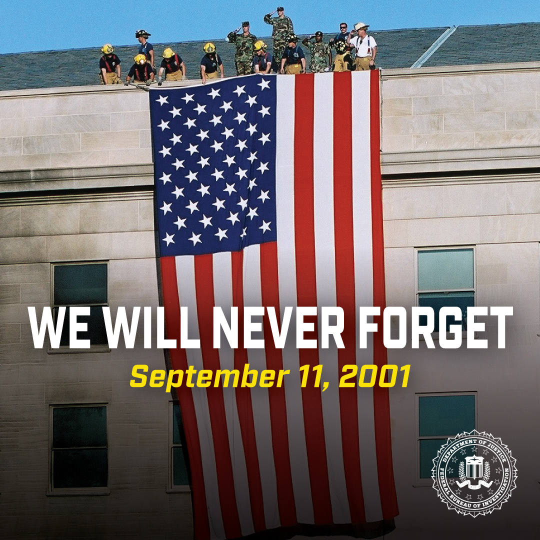On this solemn 24th anniversary, the FBI joins the nation in remembering the victims who lost their lives as a result of the 9/11 terror attacks. We honor the countless heroes who contributed to the response, recovery, and investigation. We will never forget their service and