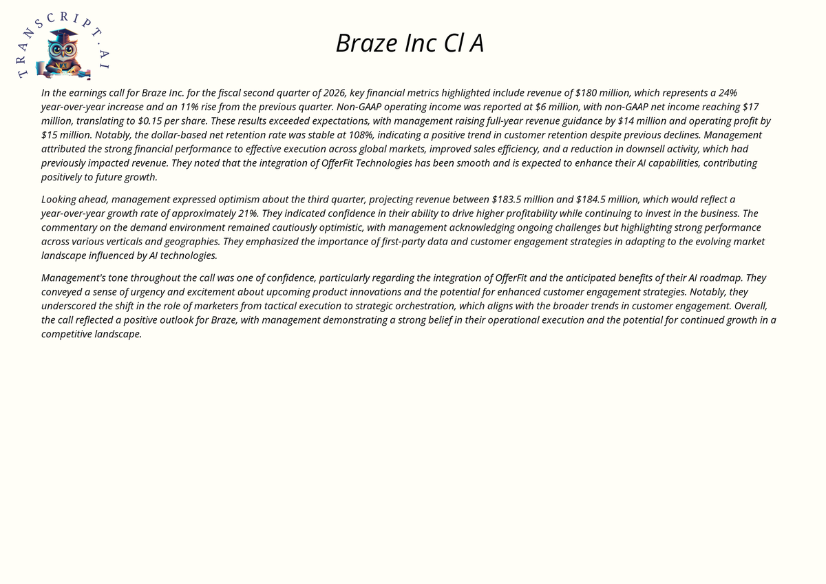 Transcript_AI's tweet image. $BRZE Earnings call summary of Braze Inc Cl A #Earnings #EarningsCall #EarningsTranscript #BRZE