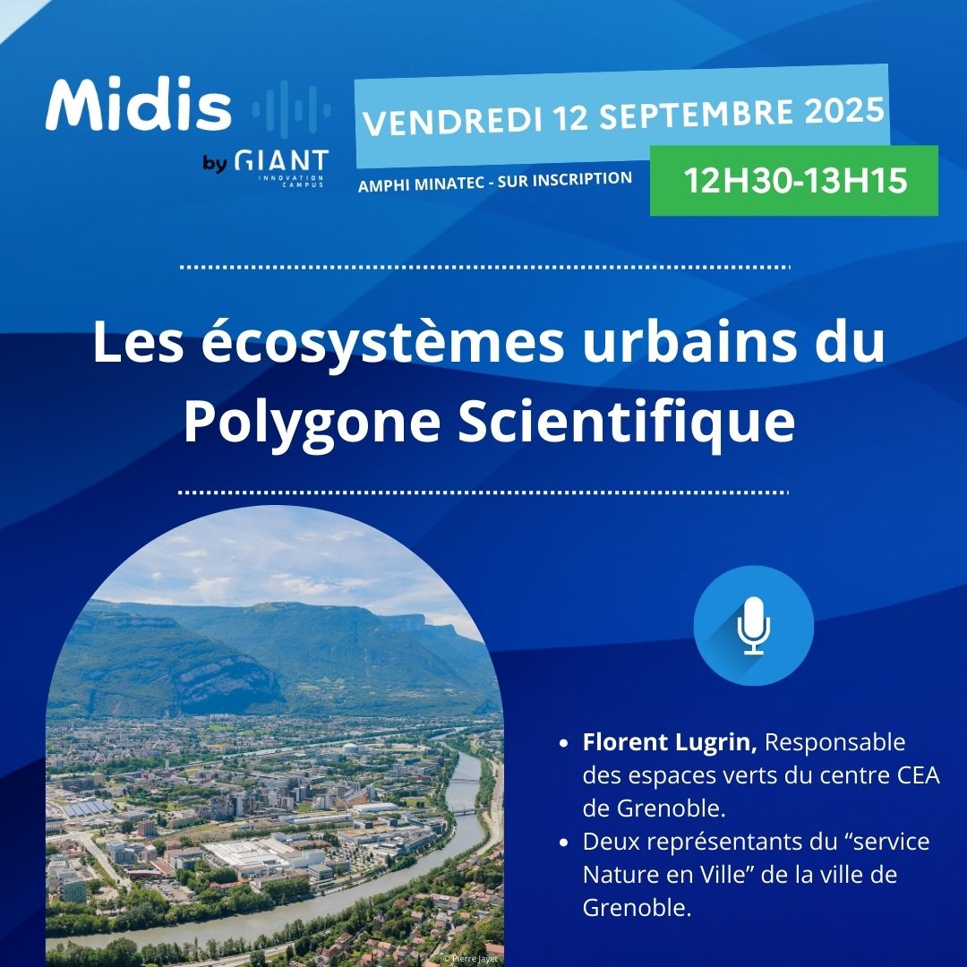#MidisbyGIANT 📣
C’est la rentrée !
Les écosystèmes urbains du Polygone Scientifique #écologie #biodiversité #patrimoine 🍃
🗓 RDV ce 12/09 – 12h30 à l’amphi @Minatec
🎙 Florent Lugrin Resp. espaces verts <a href="/cea_grenoble/">CEA Grenoble</a> &amp; 2 représentants <a href="/VilledeGrenoble/">Ville de Grenoble</a>
🔗 bit.ly/4njtcjE