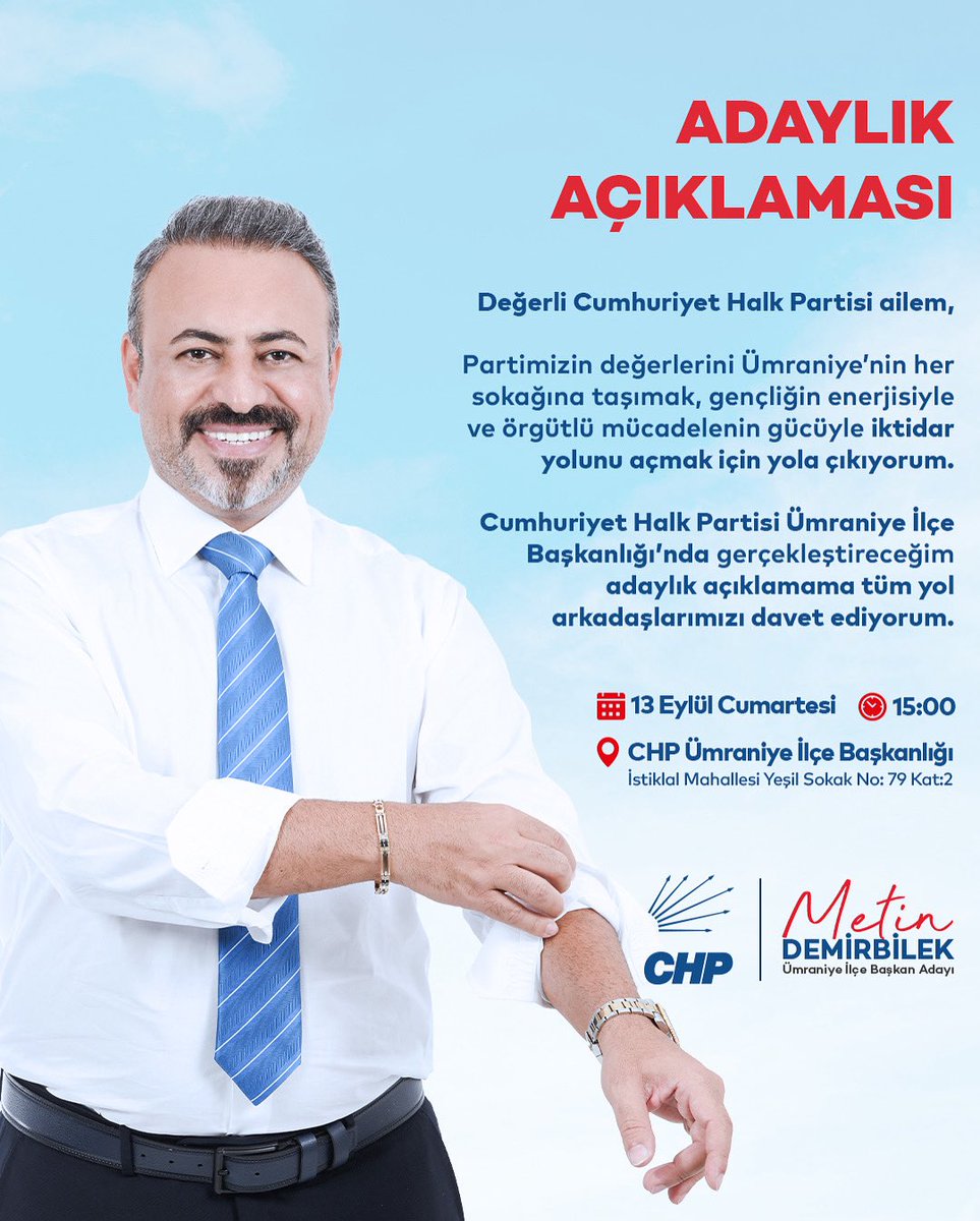 #BirlikteÜmraniye diyerek çıktığımız bu yolda, Cumhuriyet Halk Partisi Ümraniye İlçe Başkanlığı’nda gerçekleştireceğim adaylık açıklamama tüm örgütümüzü davet ediyorum.

🗓 Tarih: 13 Eylül Cumartesi
⏰ Saat: 15.00
📍 Yer: CHP Ümraniye İlçe Başkanlığı

Birlikte başaracağız,