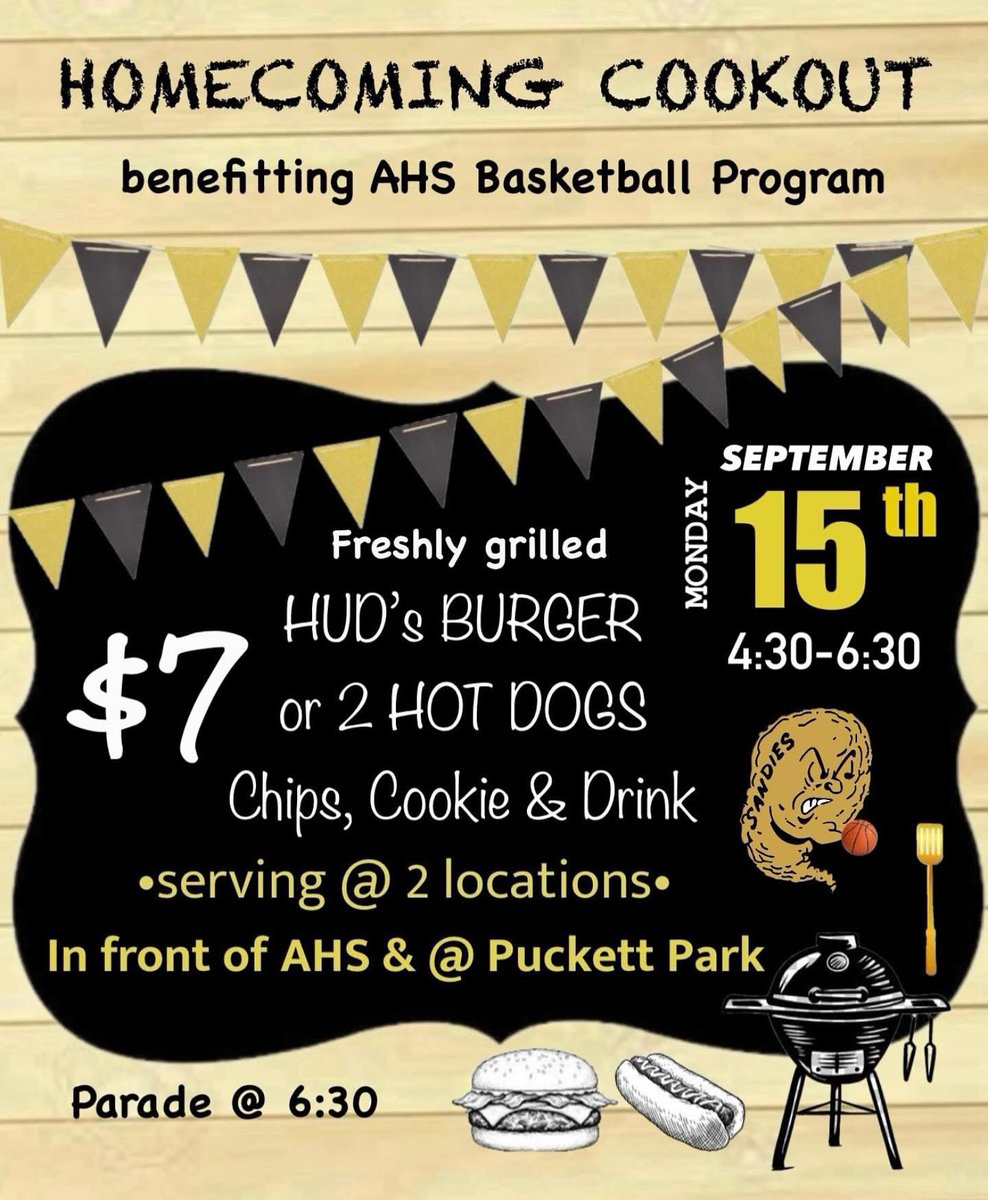 Come support the Sandie Basketball Program at our Annual Cookout from 4:30-6:30 on Monday, September 15th! Before the Homecoming Parade, you can get a freshly grilled HUD’s Burger or two Hot Dogs, chips, a cookie and drink for only $7. #homecoming2025 #blowsandblow