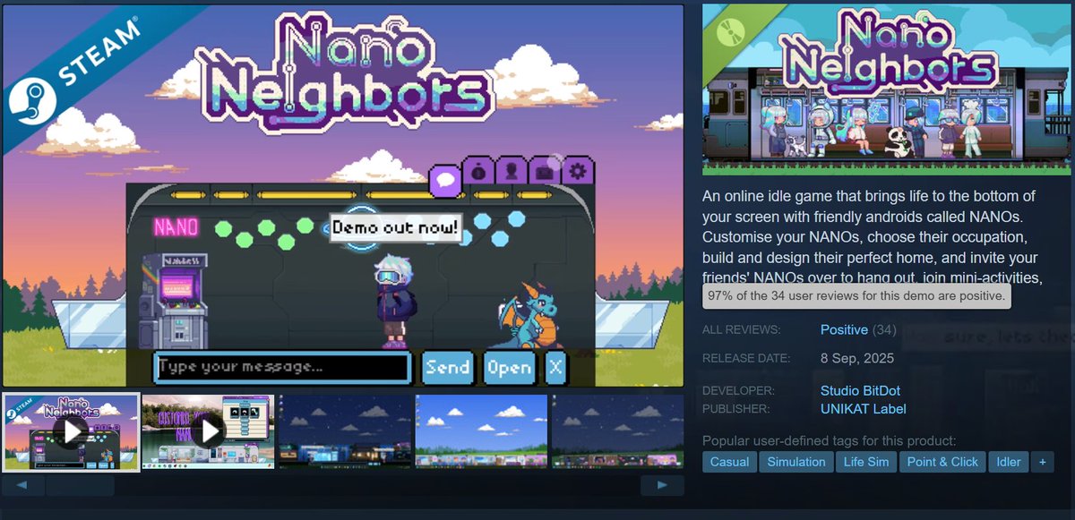 StudioBitDot's tweet image. 97% positive reviews 💖
Really surreal to see people are enjoying our little demo!
#indiegame #gamedev