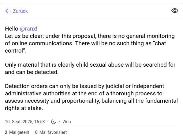 echo_pbreyer's tweet image. 🇩🇪EU-Kommission jetzt ernsthaft: „Es gibt keine #Chatkontrolle.“

Ihre Fantasie: Ein magischer, 100% perfekter Algorithmus, der nur CSAM findet.

Die Realität: Um etwas zu finden, muss man alles scannen.

Stoppt die Massenüberwachungslüge! #StopScanningMe