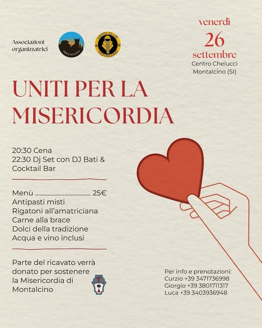 montalcinonews on X: "Una serata all'insegna della solidarietà, con  l'obiettivo di sostenere la Misericordia di Montalcino, realtà da sempre  fondamentale per la comunità locale, un'idea dall'unione dell'Associazione  culturale Aria Nuova - Montalcino