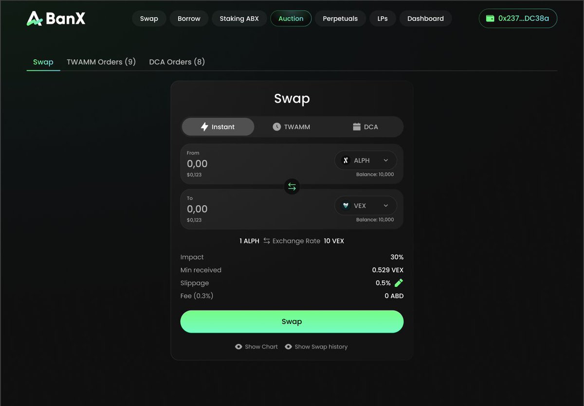 AlphBanX⚡️ (@alephiumbank) on Twitter photo BanX isn’t “just collateralized borrowing.”
⚡ 3 swap modes:
• Instant – 0.3% fee
• TWAMM – big trades sliced every 5min
• DCA – automated entries
Plus:
• Overcollateralised loans
• Betting on liquidations 
• On-chain perps 
• Loan Pools to earn
• LP rewards + ABX fee BanX isn’t “just collateralized borrowing.”
⚡ 3 swap modes:
• Instant – 0.3% fee
• TWAMM – big trades sliced every 5min
• DCA – automated entries
Plus:
• Overcollateralised loans
• Betting on liquidations 
• On-chain perps 
• Loan Pools to earn
• LP rewards + ABX fee