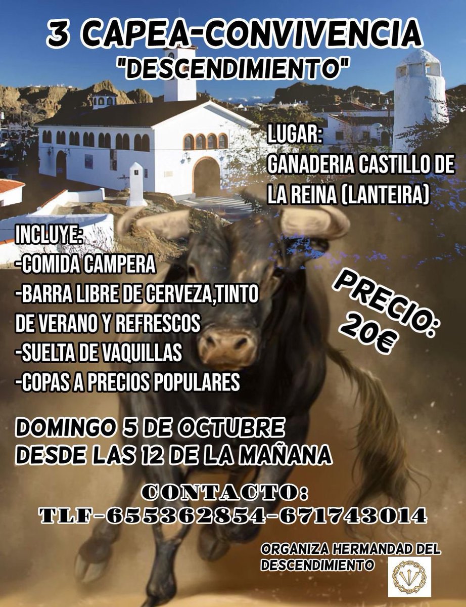 Ven a pasar un buen rato de convivencia y Hermandad el domingo 5 de octubre a las 12:00 horas. 

Precio 20 euros que incluye:
- Comida campera
- Barra libre de cerveza, tinto de verano y refrescos
- Suelta de vaquillas
- Copas a precios populares