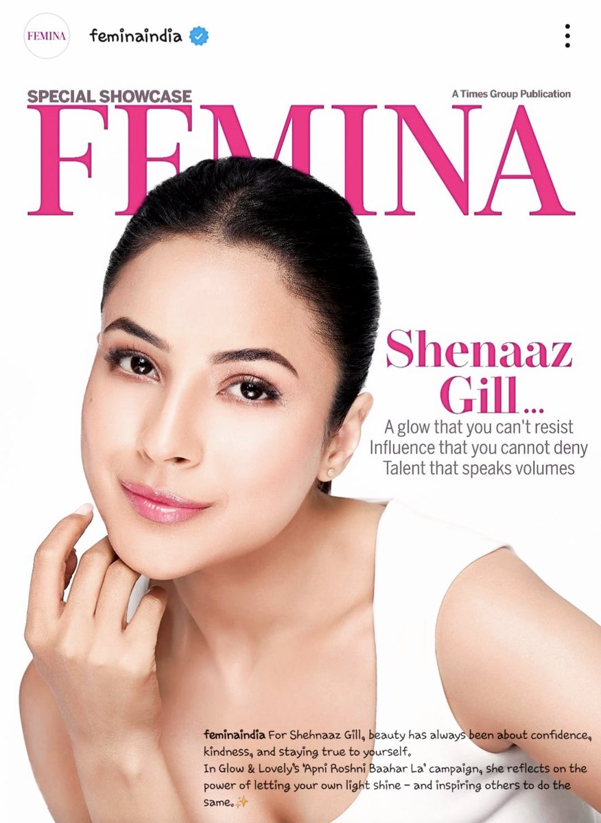 Shehnaaz on Femina India's cover for Glow and Lovely
-A glow you can't resist, influence that you can't deny, talent that speaks volume🫶🏻💋
Also the caption✨️🤍

<a href="/ishehnaaz_gill/">Shehnaaz Gill</a>
#ShehnaazGill