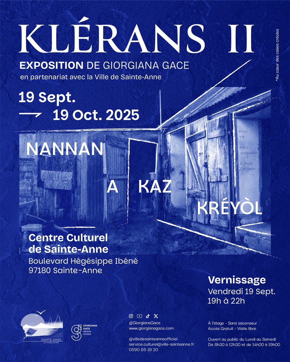 L’expo KLÉRANS II : NANNAN A KAZ KRÉYÒL, débarque à Sainte-Anne ! 
 Du 19 septembre au 19 octobre, je transforme le Centre culturel en terrain d’exploration sur la Kaz Kréyòl, de notre fabuleux matri-patrimoine architectural et de l’importance de notre mémoire collective.
