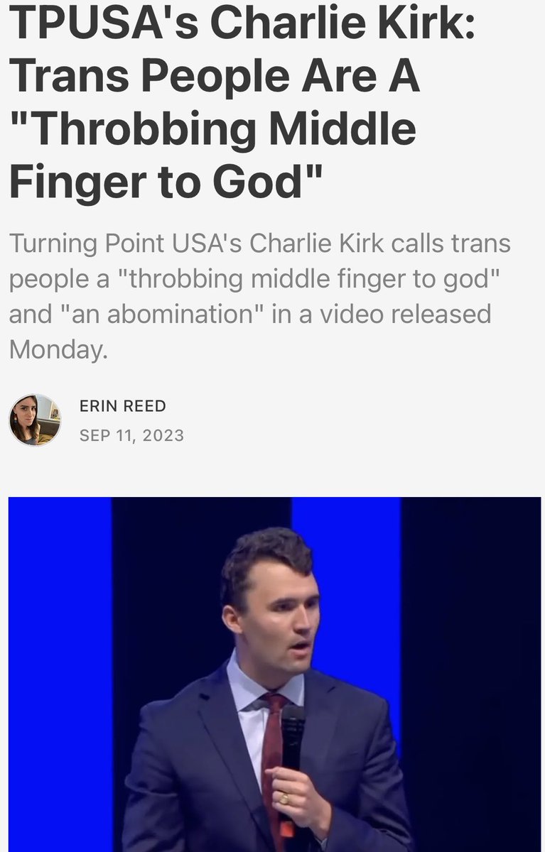 This man should never be considered a martyr or a hero. While political violence should never be condoned either should putting someone on a pedestal who doesn’t deserve it. Kirk fermented the same violence against others that he ultimately fell victim to. 

#DV1 #DemsUnited