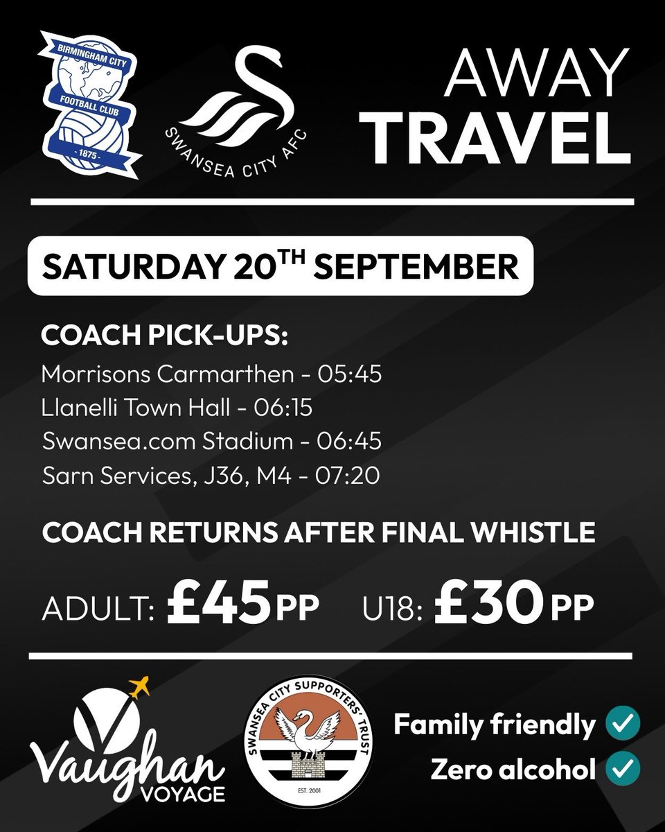 VaughanVoyage's tweet photo. We are taking bookings for our second Swans supporter coach to Birmingham City. If you’d like to join us, please get in touch ASAP, as we only have a few seats left.

To book, please email the number of seats you require &amp; your preferred pick up location to info@vaughanvoyage.com https://t.co/OFmkZrkPyP