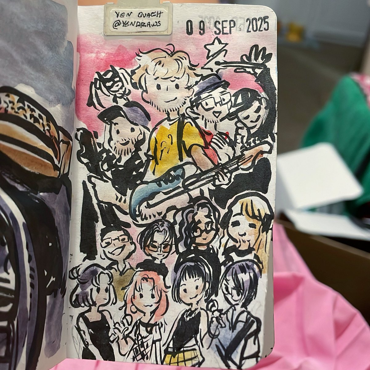 Gig night 🤩 

🖋️pentel. Rush one, platinum carbon black ink
🗒️ Kokuyo business paper 
🎨 Daniel smith watercolors
🌟 #draweveryday #ded2025 <a href="/anamanaguchi/">Anamanaguchi</a> <a href="/sobshaha/">Sobs</a> @weareinstantcrush