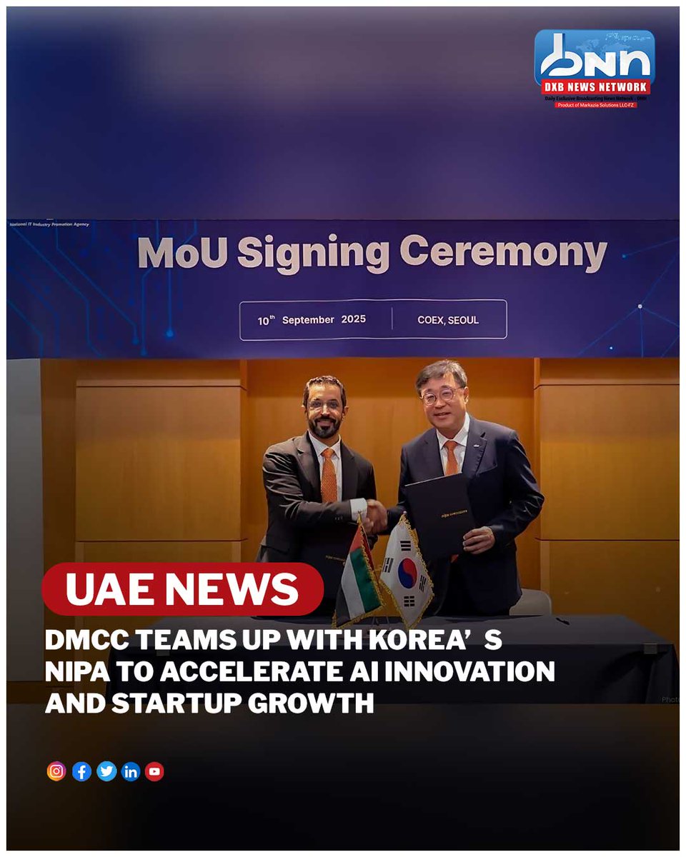 dxbnewsnetwork's tweet image. DMCC partners with Korea’s NIPA to accelerate AI & startup growth. Korean startups gain access to capital, market support, and Dubai’s tech ecosystem.
.
Read More: dxbnewsnetwork.com/dmcc-and-korea…
.
#DMCC #NIPA #AI #Startups #Dubai #SEOUL #Innovation
