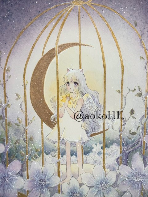 絵画。原画【夜、かわいい白い猫と月】 Amazon.co.jp: 千春『三日月夜のねこ』高精彩工芸画+手彩 動物画