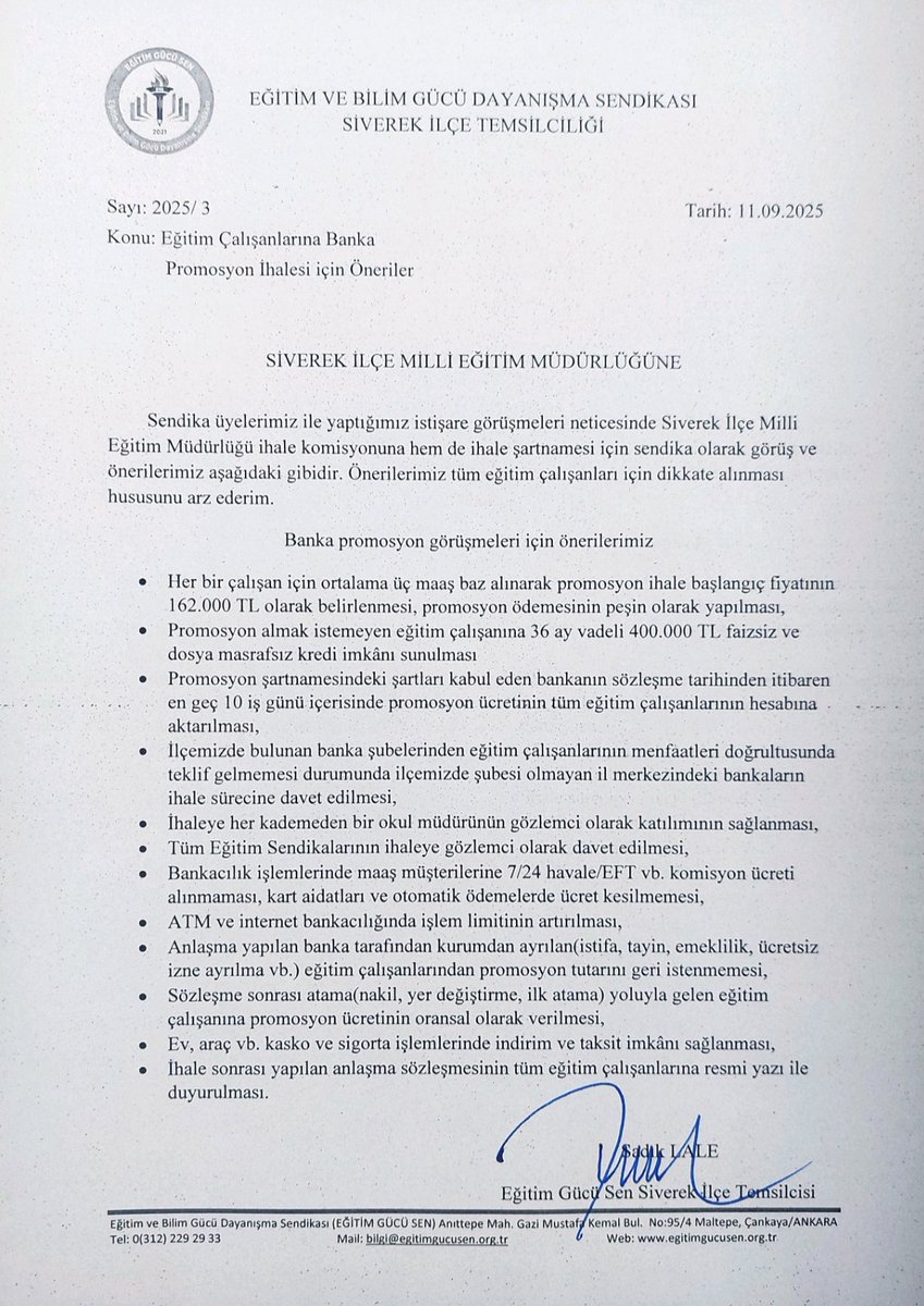 Eğitim Çalışanlarının hak ettiği banka promosyon ihalesi için önerilerimizi Siverek İlçe Milli Eğitim'e resmi yazımızı sunduk. Daha yüksek promosyon rakamları için diğer sendikaları işbirliğine davet ediyoruz.<a href="/oguzozat/">Oğuz ÖZAT</a> <a href="/kutlumustafapd/">Mustafa Kutlu</a> <a href="/siverekmem63/">Siverek İlçe MEM</a> <a href="/siverekkaymakam/">SİVEREK KAYMAKAMLIĞI</a> <a href="/Sdk584/">Sadık LALE</a>