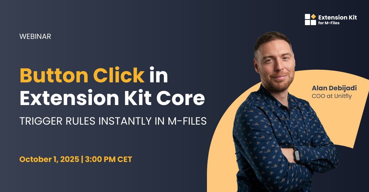 unitflyaddons's tweet image. ๐ข New webinar!
See how the Button Click trigger in #ExtensionKitCore lets you run rules instantly from the #MFiles UI.
๐
 Wednesday, October 1, 2025
โฐ 3:00 PM CET
๐ค Speaker: Alan Debijaฤi, Co-founder & COO, Unitfly
๐ Register here: buff.ly/nBy9mPa