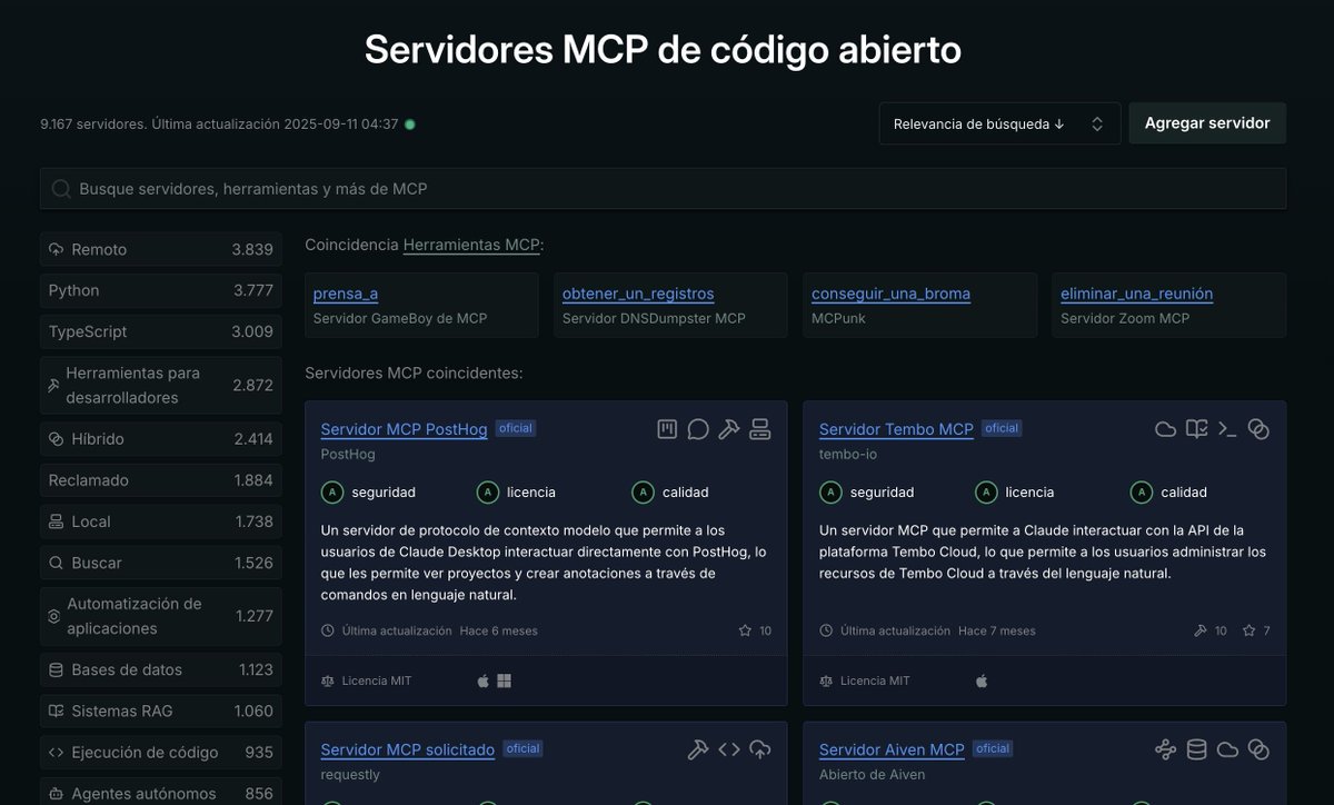 midudev's tweet image. ¡Brutal colección de servidores MCP open source!
Son más de 9000 separados por categorías.

Bases de datos, scrapping, agentes y más:
github.com/punkpeye/aweso…