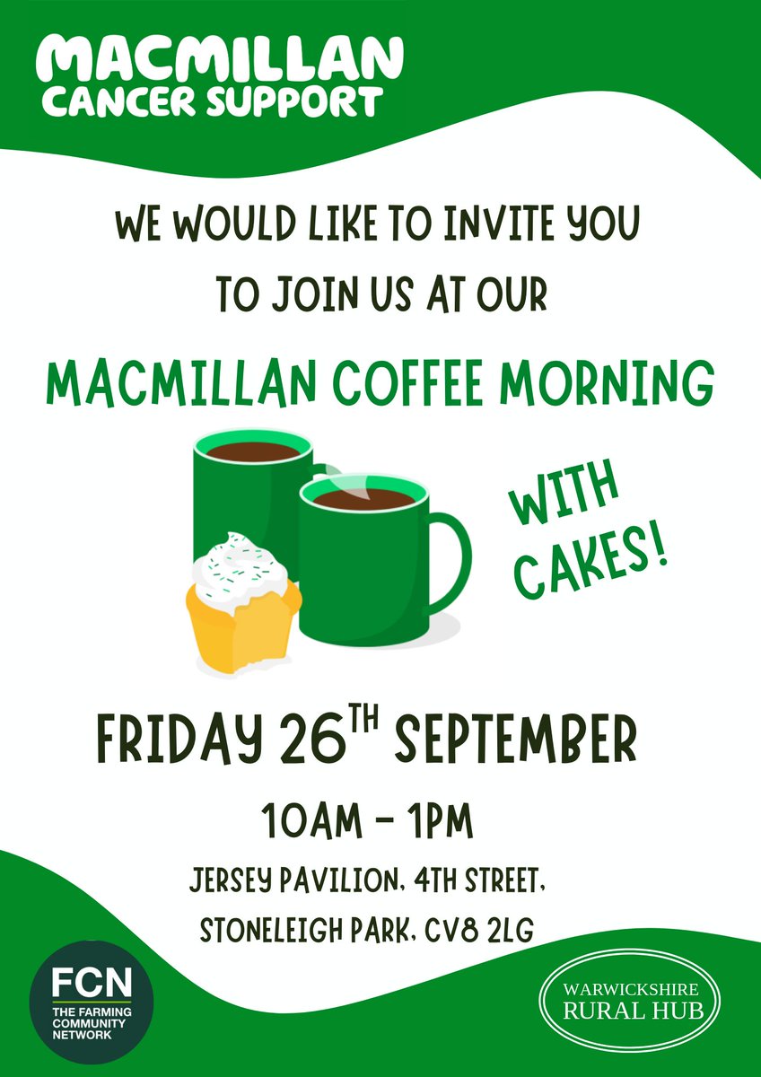 Come and join the teams from the Rural Hub and <a href="/FCNcharity/">The Farming Community Network</a> to raise vital funds for <a href="/macmillancancer/">Macmillan Cancer Support</a>  FCN booklets "Fit for Farming" will be available to take away.  Thank you to caterer Pippa Reeve for sharing the <a href="/RFM_Ltd/">RFM Ltd - The Midlands Mart</a> cafe with us for this event.