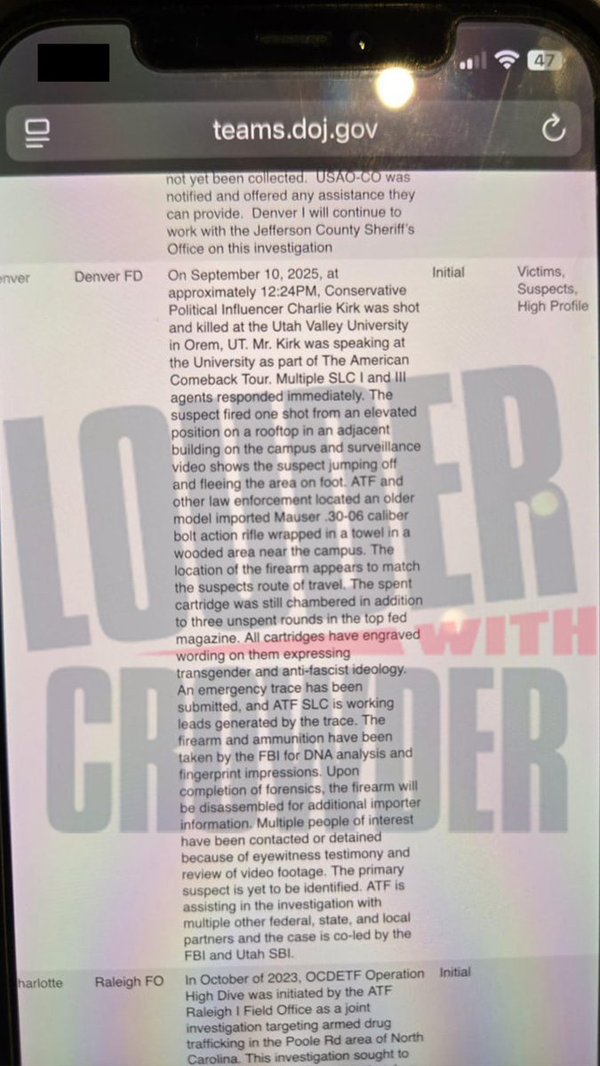 🚨BREAKING: ATF internal communications say they found the rifle likely used to kill Charlie Kirk and the bullets were engraved with transgender and anti-fascist slogans, per Steven Crowder