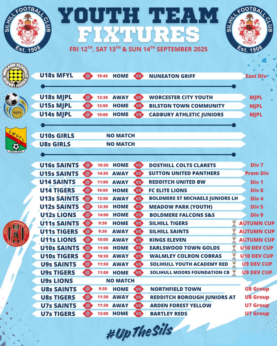 YOUTH FIXTURES FOR THIS WEEKEND

Another busy schedule for the youth section this weekend
Loads of cup games in the U9s to U11s age groups including a big match at TG School in the morning with Saints vs Tigers at U11!

Best of luck to ALL of our teams this coming weekend