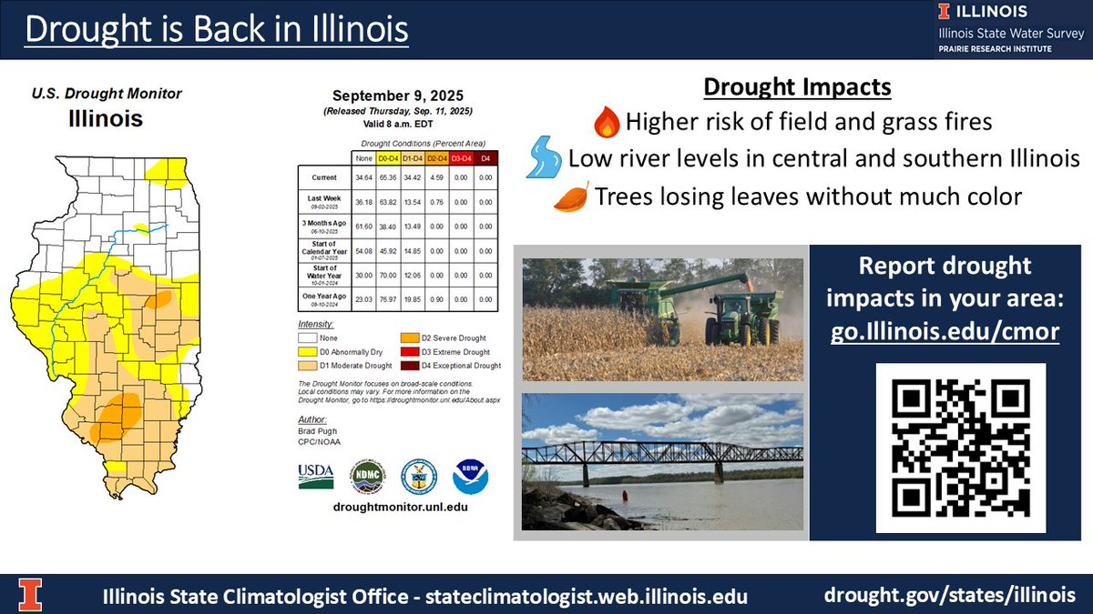 #drought is intensifying in Illinois: go.illinois.edu/IllinoisDrought

Highlights:
-&gt; 34% of IL in moderate to severe drought
-&gt; ⬆️Risk of field and grass fires as harvest picks up
-&gt; Low river levels in central &amp; southern IL 
-&gt; Hot + dry weather this week will worsen drought