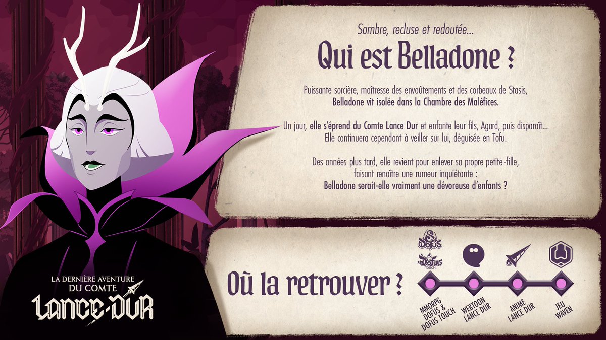 Connaissez-vous Belladone ? Redoutable boss de donjon, sorcière recluse, mais aussi mère d'un enfant... 🥀
(Re)découvrez-la dans le long métrage Lance Dur en tant qu'antagoniste, maintenant disponible sur #Ankama Launcher avec des scènes inédites ! 🎦
#LANCEDUR