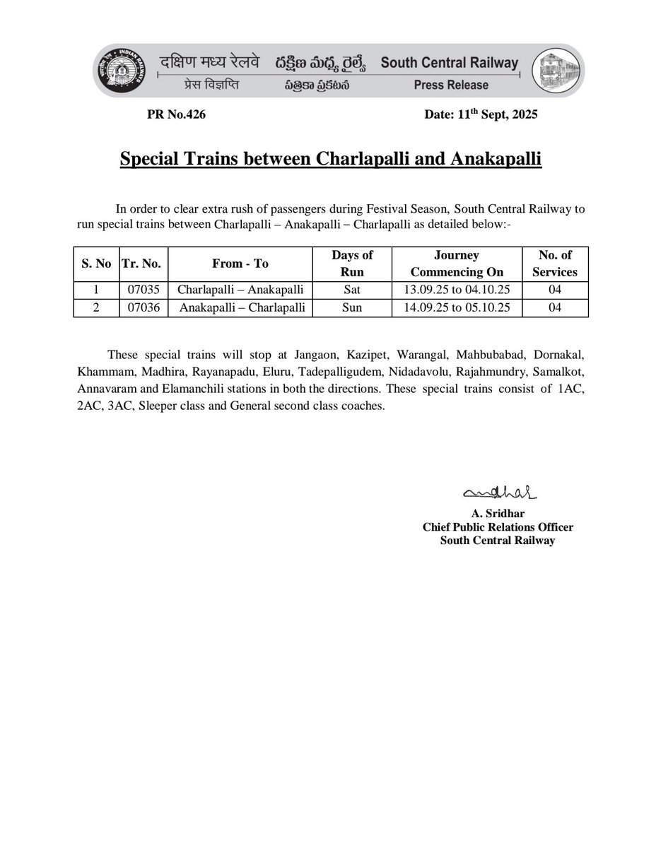 "Special Trains between #Charlapalli and #Anakapalli"