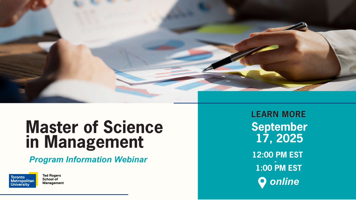 trsmtorontomet's tweet photo. Curious about research in business? Learn how the Ted Rogers MScM builds your skills for careers in academia or industry at our rmation webinar. 

📅 September 17, 2025 🕐12:00 PM EDT - 1:00 PM EDT 💻 Online (Zoom) 🔗 https://t.co/UwmJGQPShk https://t.co/S4JeO7kxO3