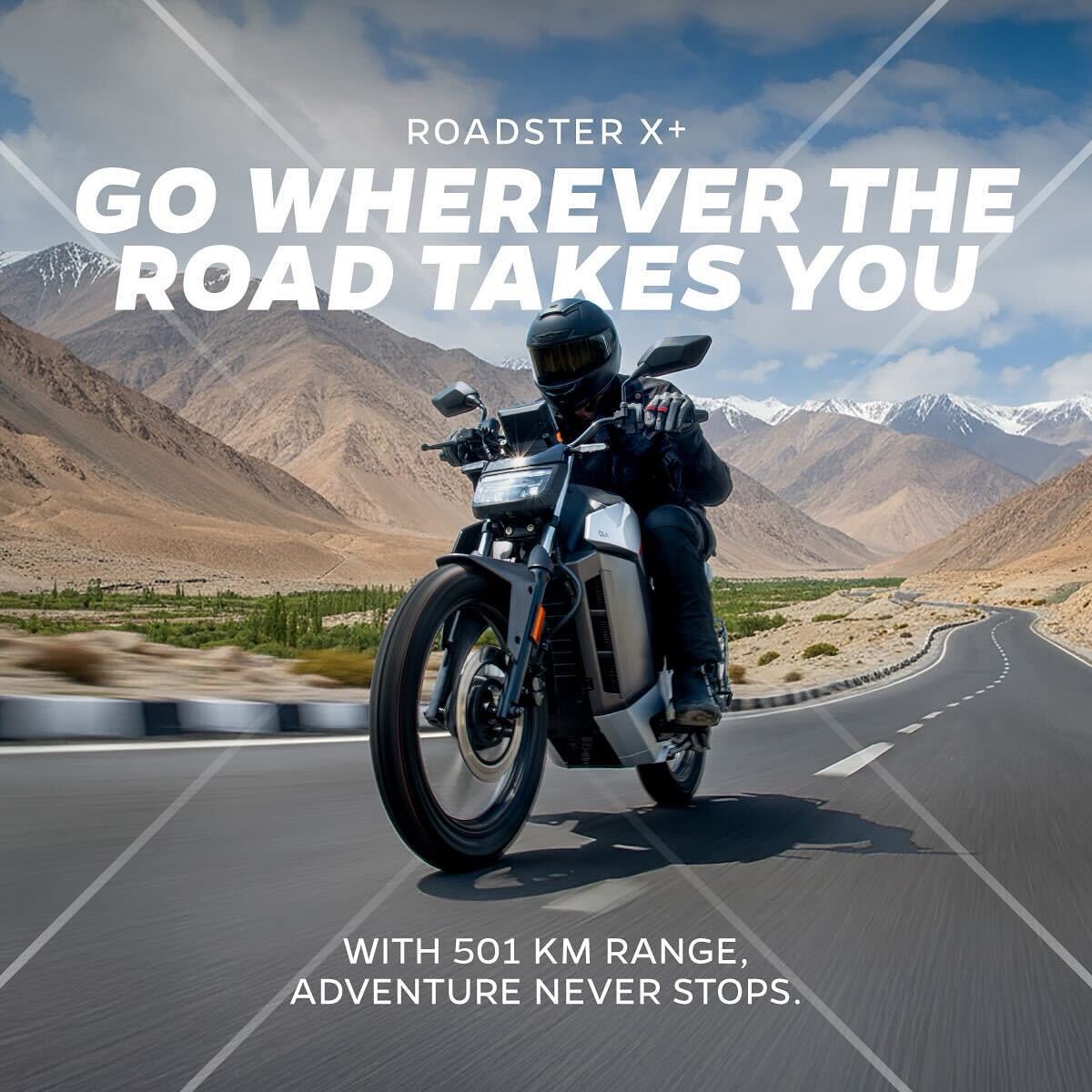 OlaElectric's tweet image. Go further than ever before. With 501 km on a single charge, your adventure never stops 🏔️