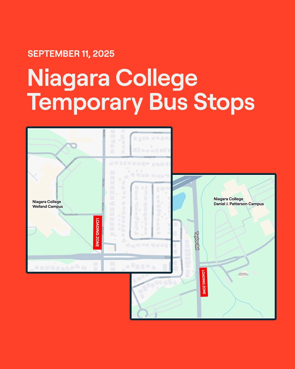 Due to ongoing labour disruption at Niagara College, bus service will not enter the campuses.
Welland Campus: Loading Zone on First St at Niagara College Blvd.
NOTL Campus: Loading Zone on Taylor Rd.
See more information at: nrtransit.ca/news/niagara-c… 
We apologize for any