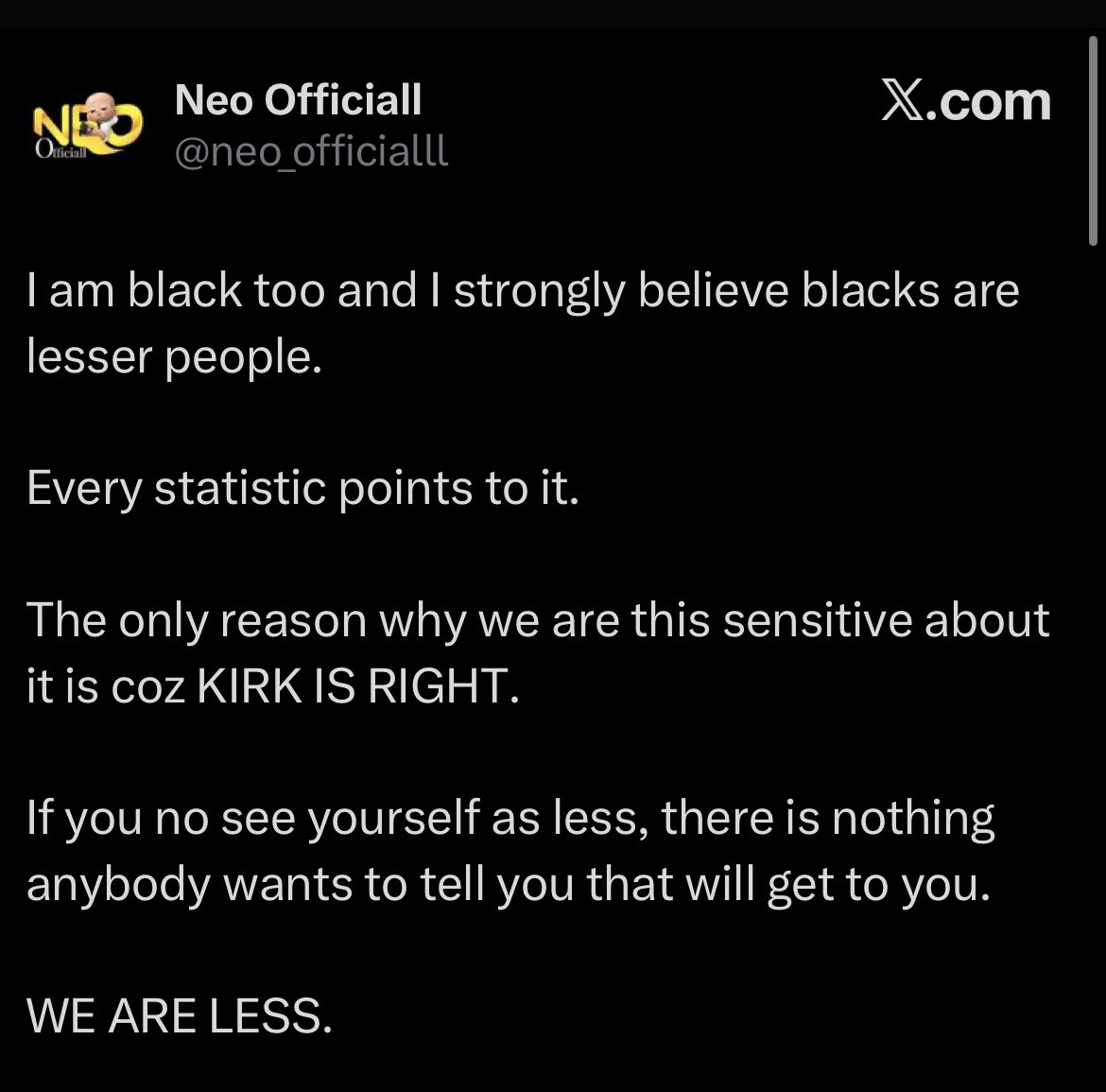 You are black and you feel a lesser being than white people. That’s your personal business. No carry that mentality near me sha. 

I have nothing against white people, but nothing makes a white man inherently superior to me. 

Not in morals. Not in real enlightenment (at least I