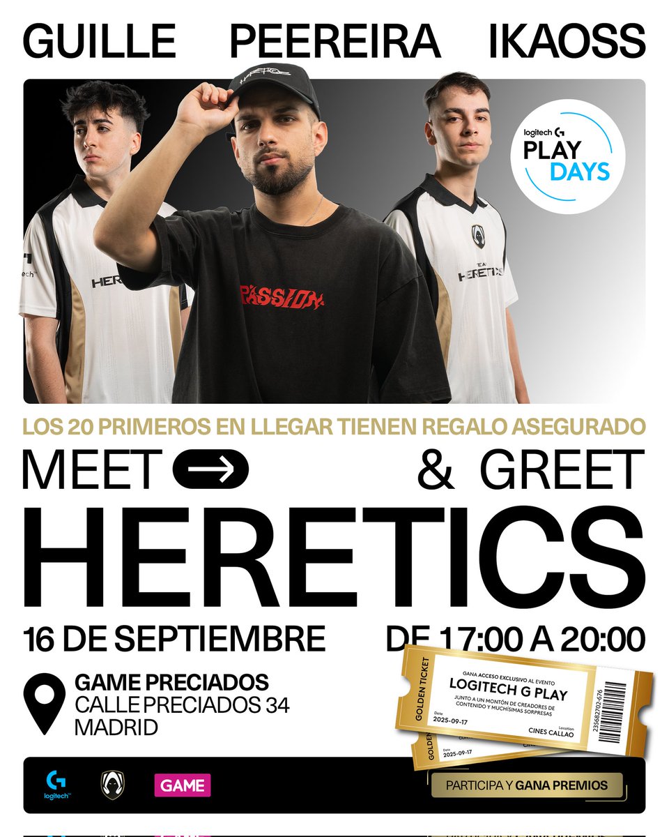 TeamHeretics's tweet image. Doble Meet &amp;amp; Greet en Madrid gracias a @LogitechG_ES 🫂

16 de Septiembre.
📍 @VideojuegosGAME Preciados, 34 // Desde las 17:00H.
📍 @MediaMarkt_es Pl. del Carmen 2 // Desde las 18:00H.

¡Os esperamos en los #LogitechGPLAYDAYS!