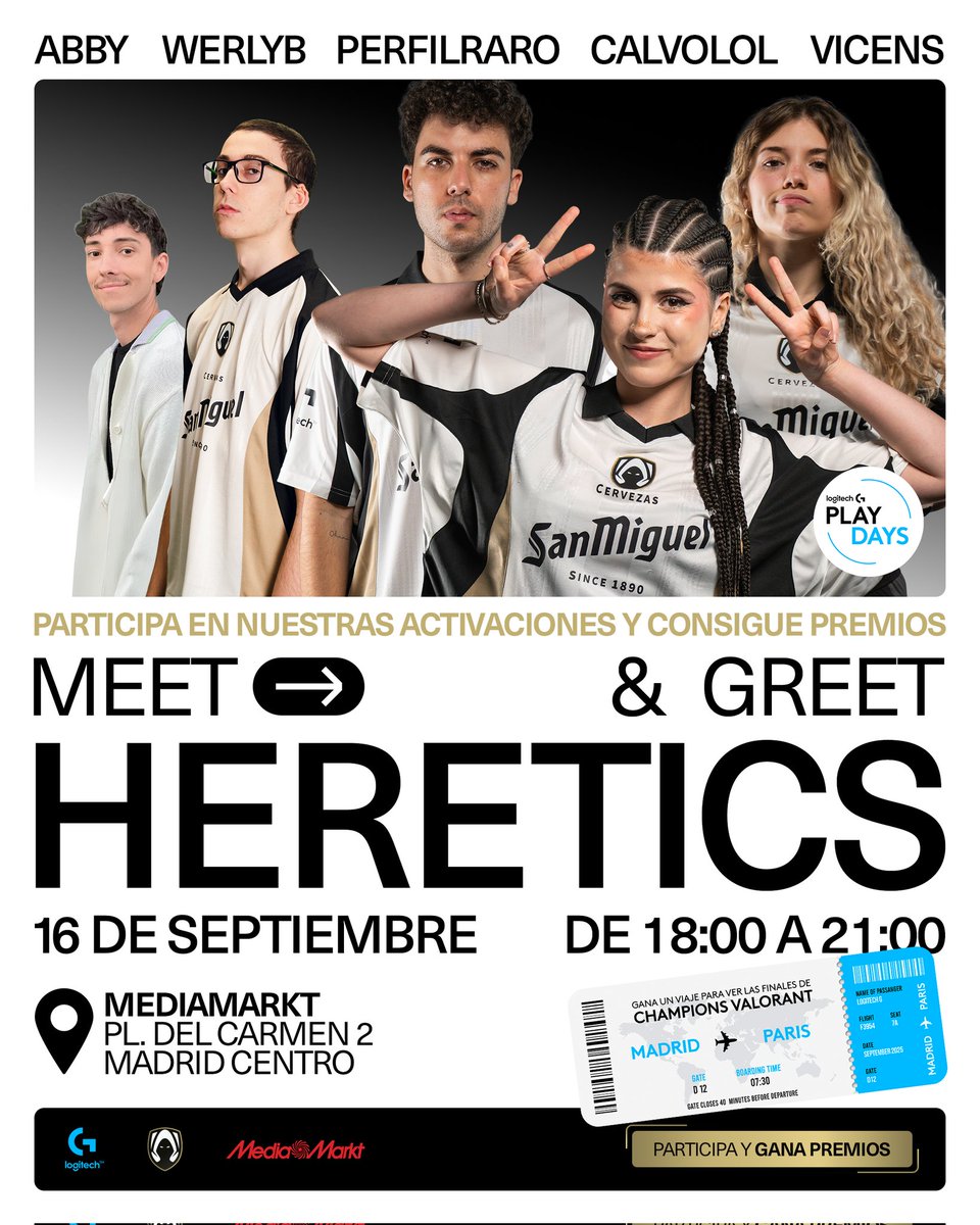 TeamHeretics's tweet image. Doble Meet &amp;amp; Greet en Madrid gracias a @LogitechG_ES 🫂

16 de Septiembre.
📍 @VideojuegosGAME Preciados, 34 // Desde las 17:00H.
📍 @MediaMarkt_es Pl. del Carmen 2 // Desde las 18:00H.

¡Os esperamos en los #LogitechGPLAYDAYS!