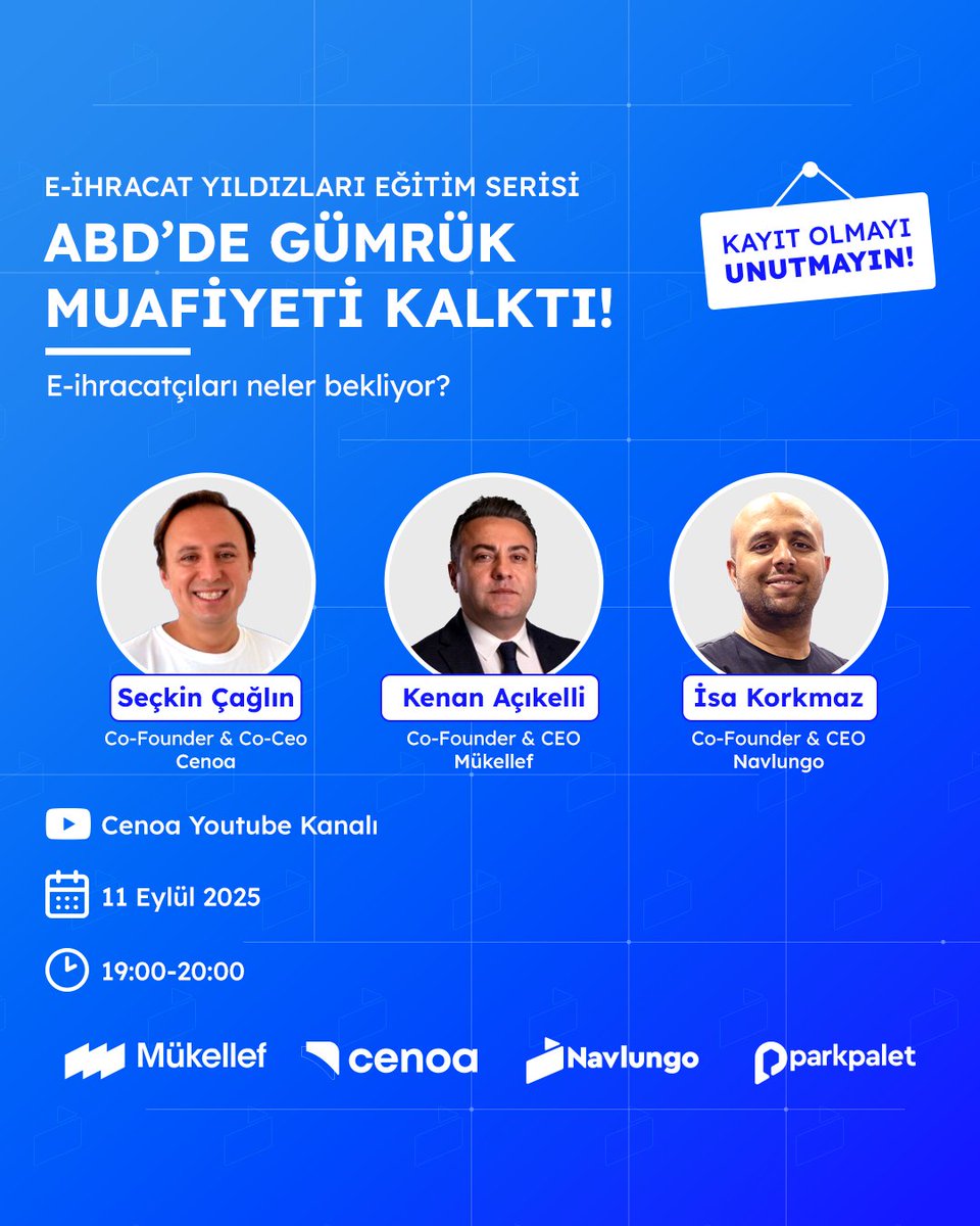 E-İhracat Yıldızları Eğitim Serisi

ABD’de 800$ altı ürünlere uygulanan gümrük istisnasının sona ermesinin Türk e-ihracatçılara etkisini ele aldığımız bu oturumda:

🔹 ABD’deki gümrük muafiyeti nedir ve neden sona erdi?
🔹 E-ihracatçılar yeni döneme nasıl hazırlanmalı?
🔹