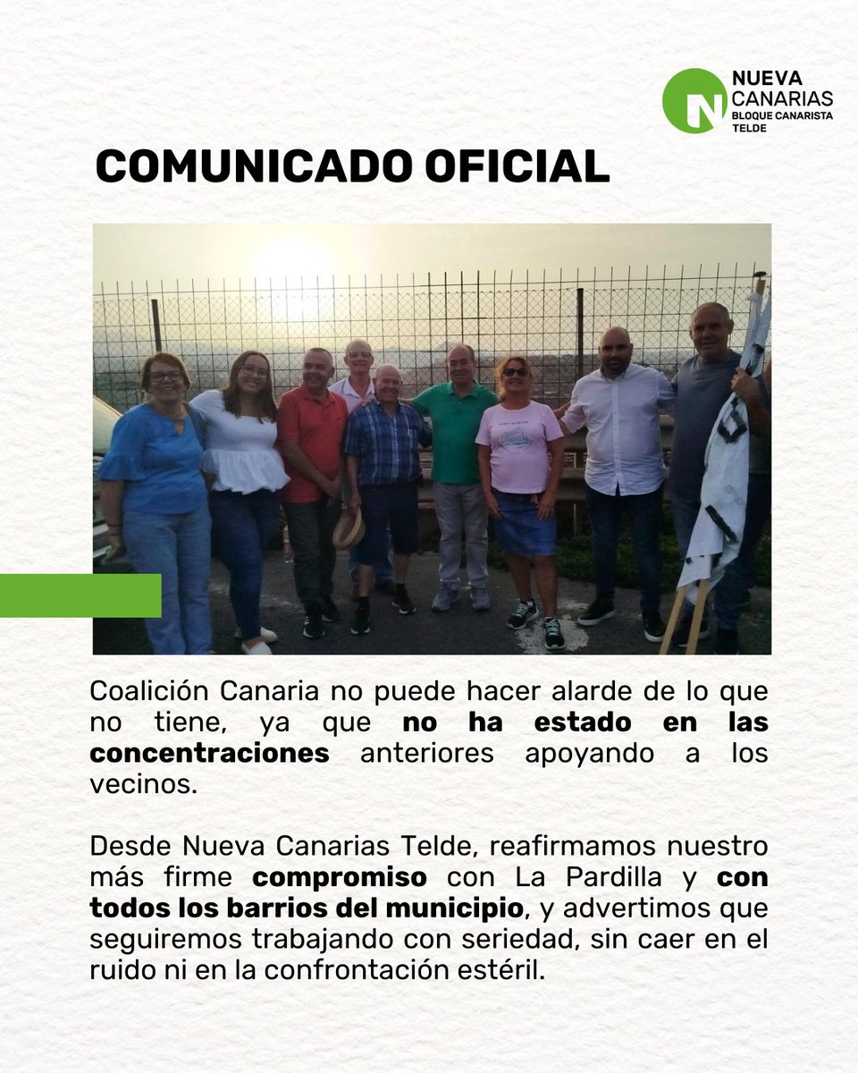 📢 En NC Telde lamentamos la descalificación política del gobierno (CIUCA-PP-CC-MxT) y su falta de compromiso real con #LaPardilla.
Coalición Canaria no estuvo en las concentraciones.
👉 Nuestro compromiso es con todos los barrios de #Telde.
