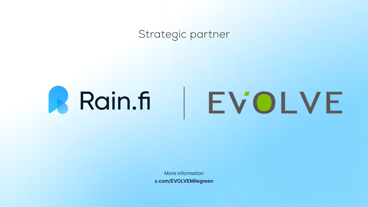 Rain.fi π§ (@rainfi_) on Twitter photo Rain is proud to announce a partnership with <a href="/EVOLVEMilegreen/">EVOLVE RWA</a>.
Evolve is an RWA initiative developed by an institutional consortium of leaders in Southeast Asia.
Powered by Rainβs infrastructure, Evolveβs assets gain access to advanced decentralized liquidity solutions. Rain is proud to announce a partnership with <a href="/EVOLVEMilegreen/">EVOLVE RWA</a>.
Evolve is an RWA initiative developed by an institutional consortium of leaders in Southeast Asia.
Powered by Rainβs infrastructure, Evolveβs assets gain access to advanced decentralized liquidity solutions.
